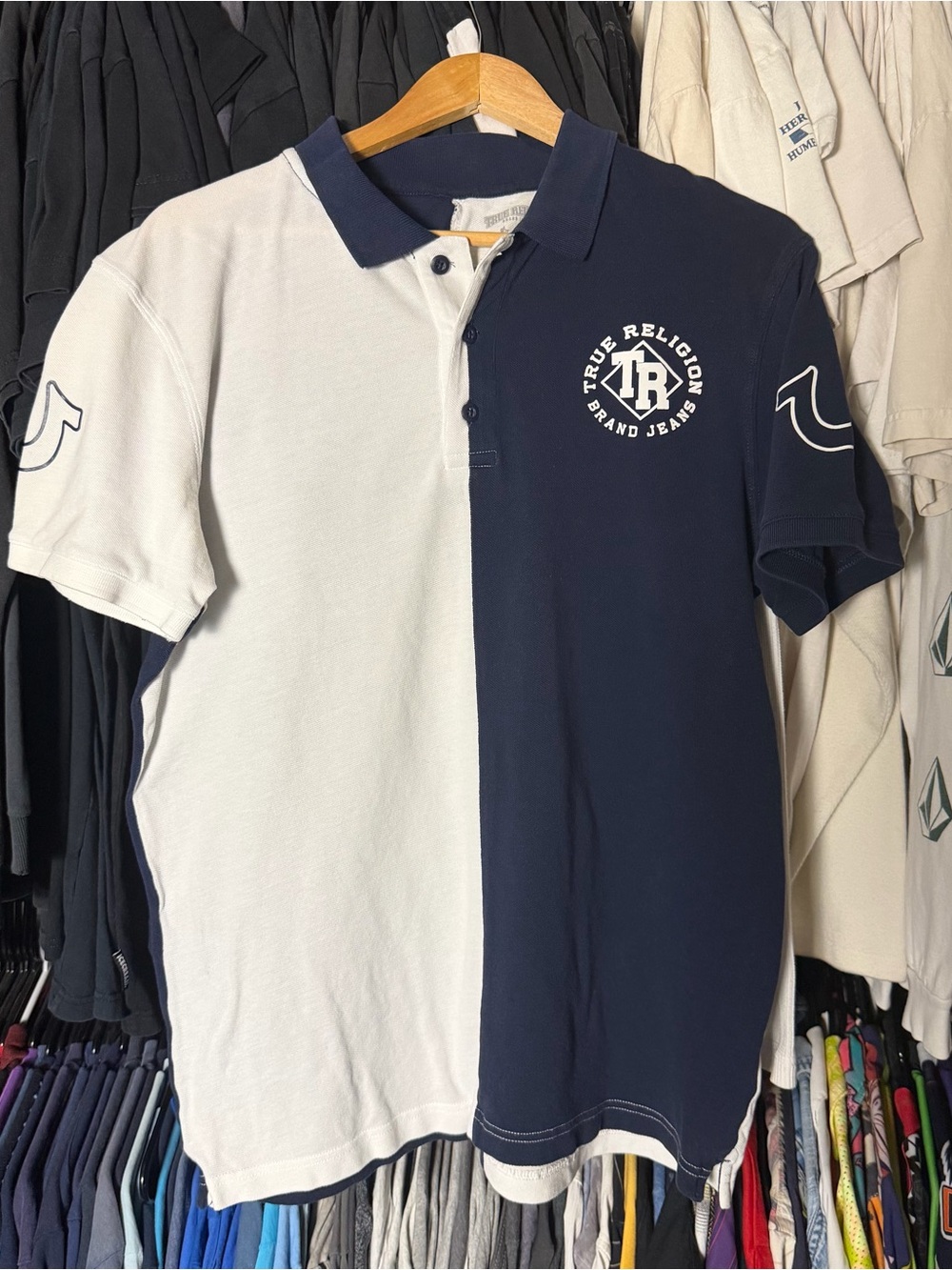 True Religion Polo Rugby Shirt Men’s Large White Navy Slim Fit Retro Streetwear
